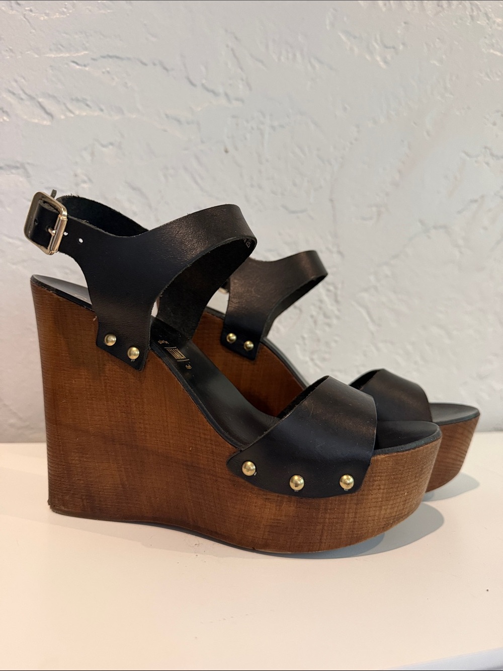 Seychelles Black Leather Platform Wedge Sandals with Wood-Style Heel